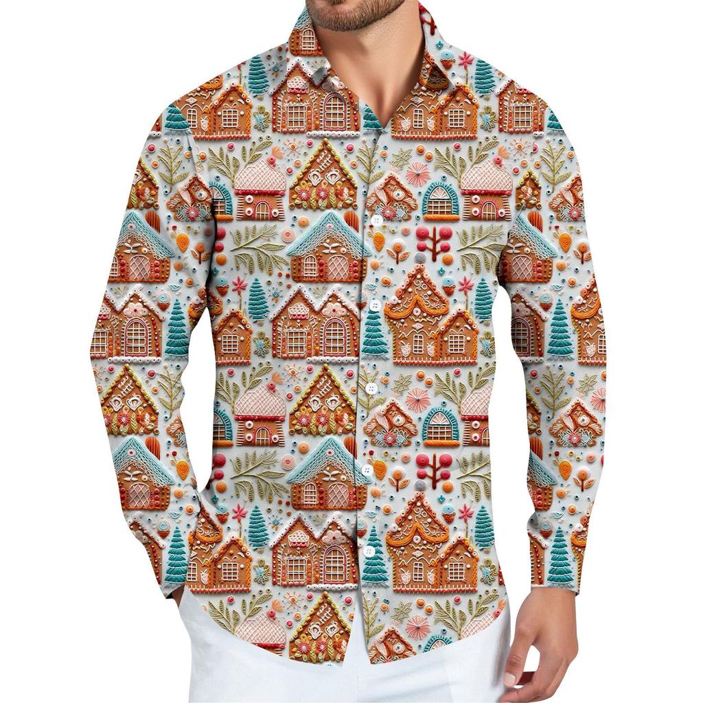 Men's Christmas Shirt Christmas Print Long Sleeve Button Shirt