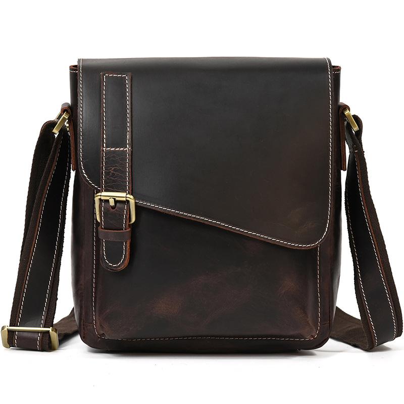 Men'S Genuine Leather Shoulder Bag Crazy Horse Leather Messenger Bag First Layer Cowhide Flip Shoulder Bag Casual Bag