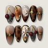 24 Stuks Zwarte Lange Kunstnagels met Amandelkop Design Kattenoog Zilveren Streep Patroon Press-on Nepnagels Draagbare Nageltips