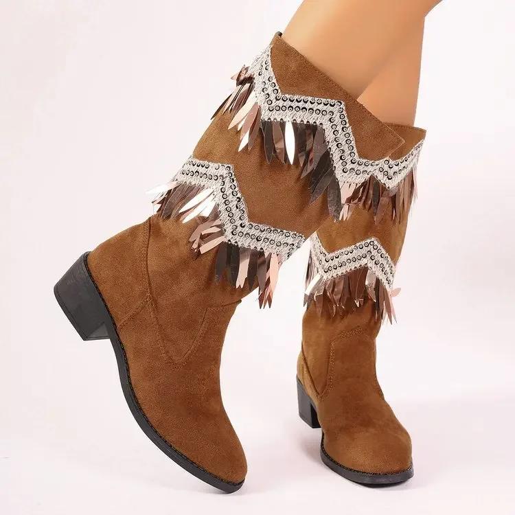 

Модные винтажные рыцарские сапоги с кисточками на толстом каблуке, женские осенние модные коричневые ковбойские сапоги в стиле вестерн, женские ковбойские сапоги в стиле вестерн, размер плюс 43 36 хаки