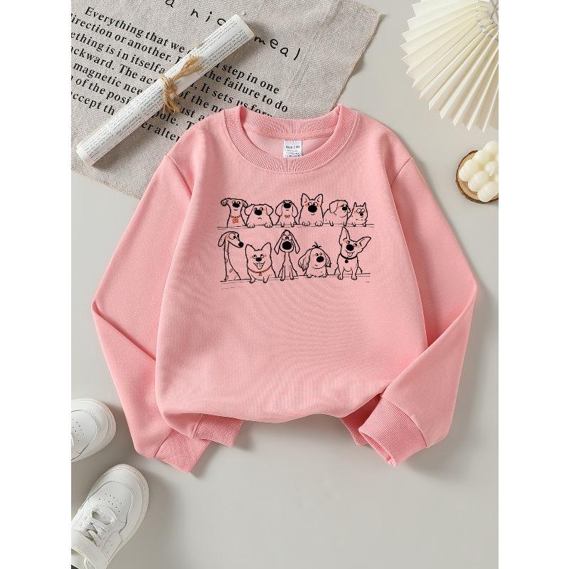 European Sizes Girls' Soft Crewneck Sweatshirt with Cute Dogs Cartoon Pattern, Casual All-Match for Fall Winter, Ideal Present.