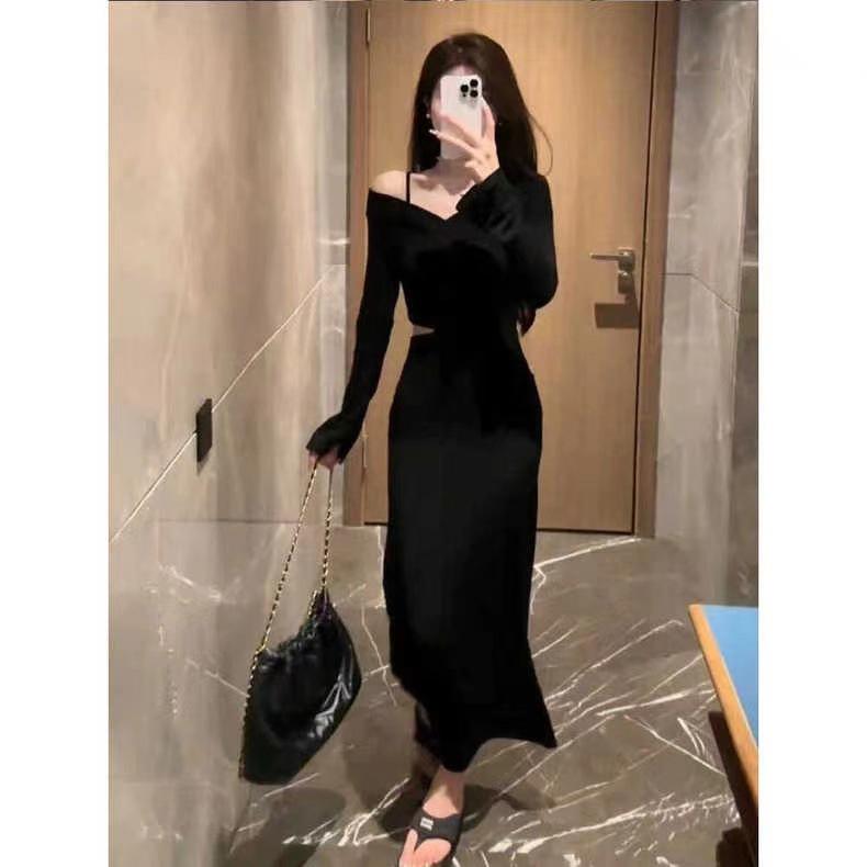 Black waist off-the-shoulder long-sleeved dress women's autumn new design sense slim waist temperament long skirt