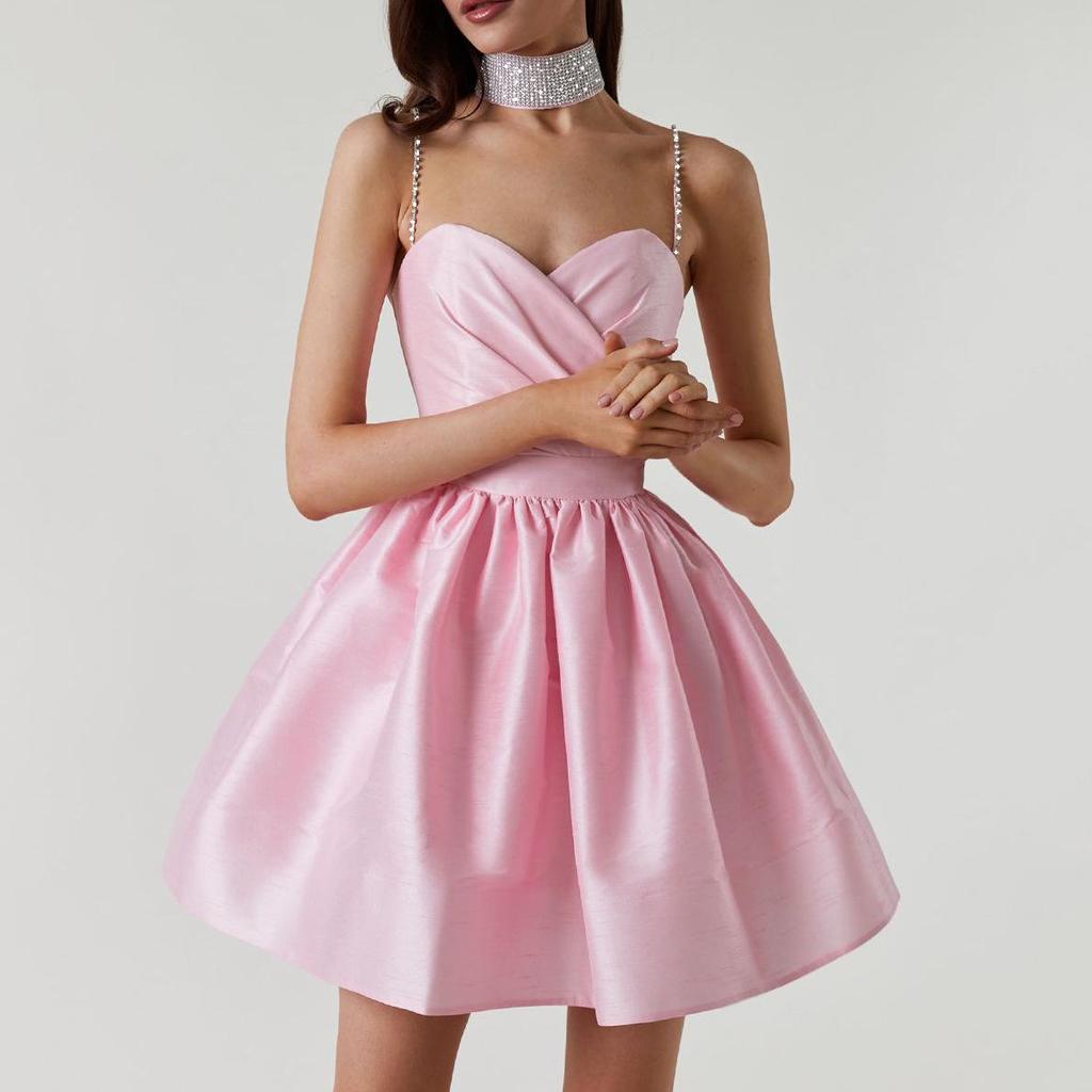 Nuovo Arrivo Estivo: Elegante Vestito da Donna con Spalline Sottili Pieghettato e Strass