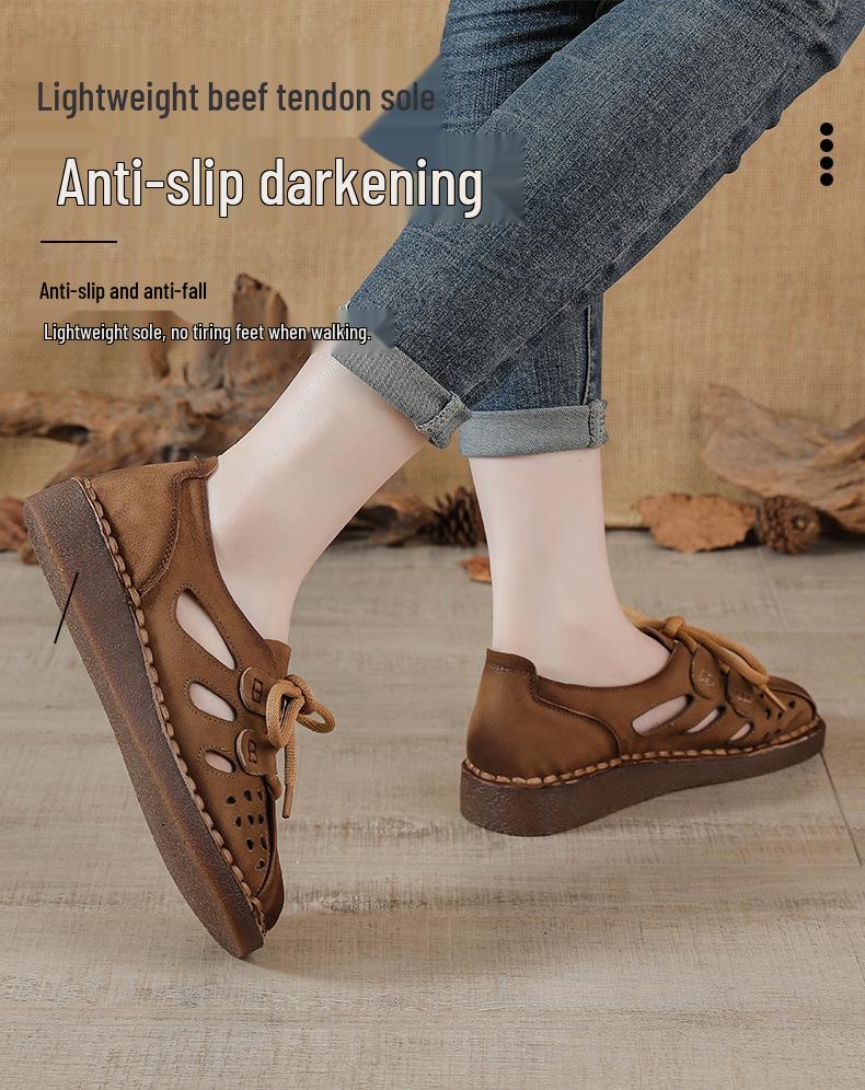 Top Layer Cowhide Wedge Heel Sandals - Soft Sole, Genuine Leather, Comfortable for Middle-Aged & Elderly Women.