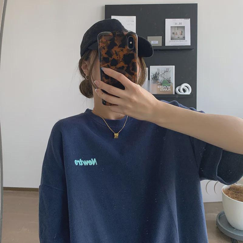 

Женская свободная хлопковая летняя футболка с круглым вырезом и коротким рукавом - Большой размер, модный повседневный топ Large