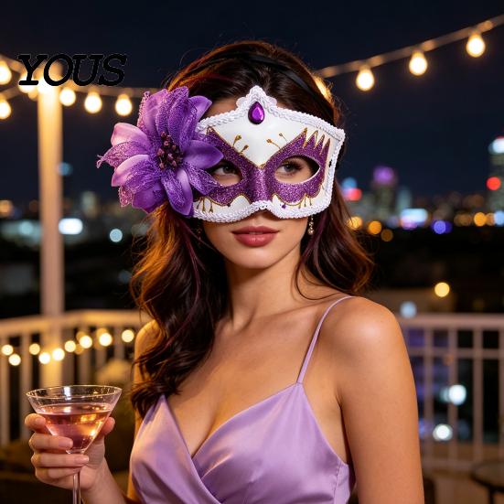 Comfortable Face Masque for Costume Masquerade Women, Glitter Venetian Half with Side Elegant Lace Prop Flower And Feather Halloween Costume,