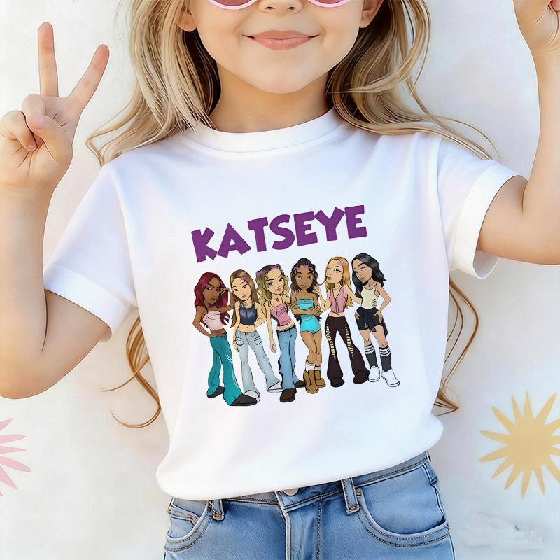 Katseye Cartoon T Shirt Boys Girls Short Sleeve T-shirt Kids Streetwear Summer Children's Clothing Music Singer Y2K Tees Tops