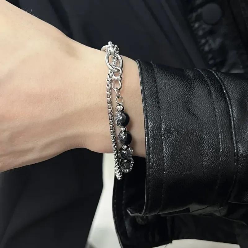 Retro Black Cracking Beads Bracelet for Men Women Stainless Steel Double Layered Chain Fashion Hip-pop Jewelry Hand bracelet