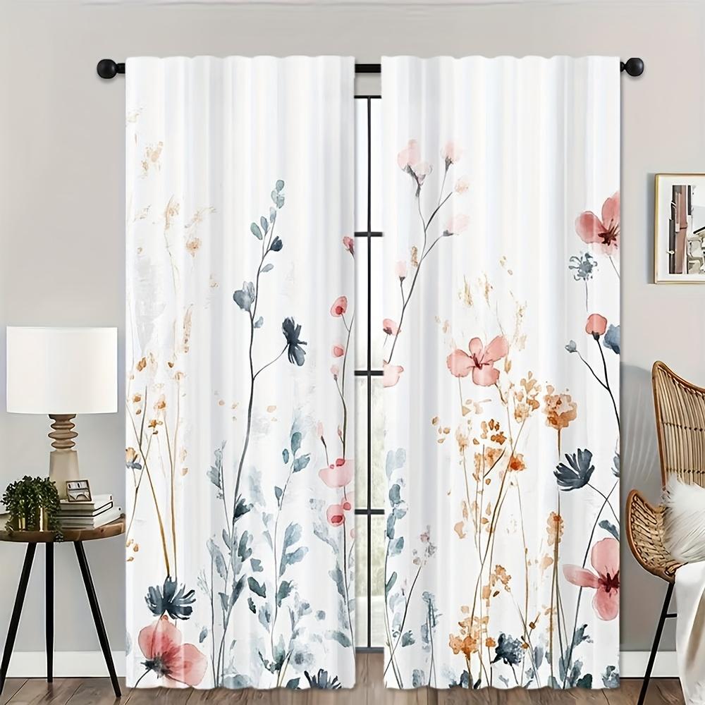 2 Pieces Modern Floral Watercolor Curtains, Polyester Fabric, Machine Washable, Suitable For Bedroom Living Room Decoration