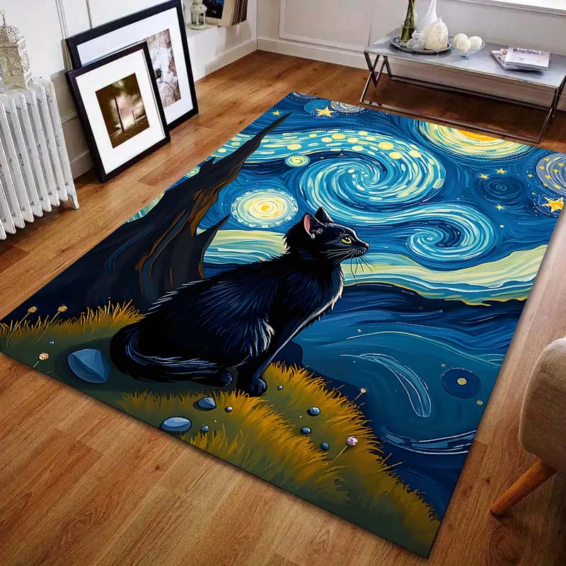 1PC Black Cat Stargazing Night Carpet for Living Room Bedroom Sofa Home Decor Rus Non-slip Floor Mat Luxury Gift
