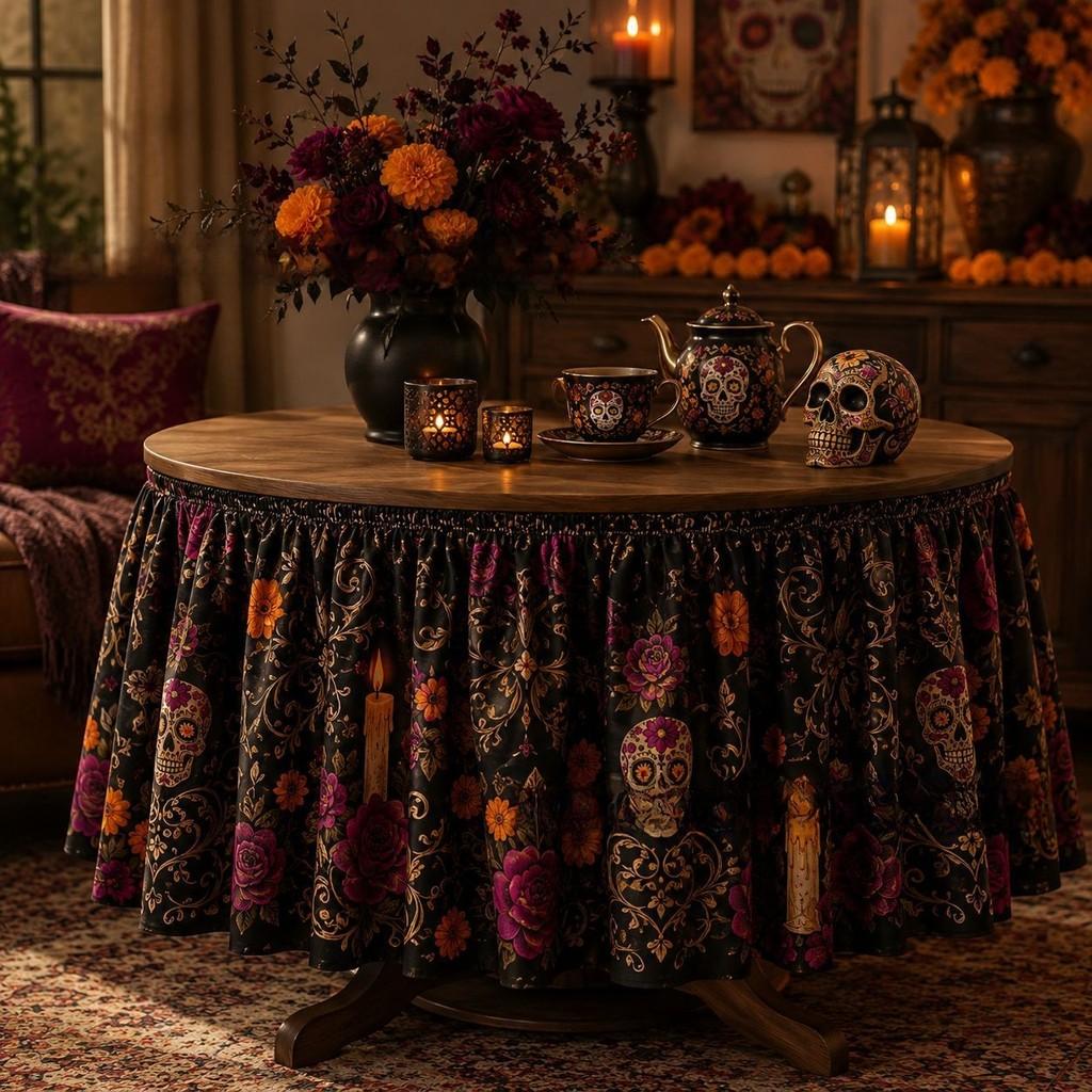 Dia De Los Muertos Table Skirt Mexican Skull Pattern Polyester Party Decor For Events