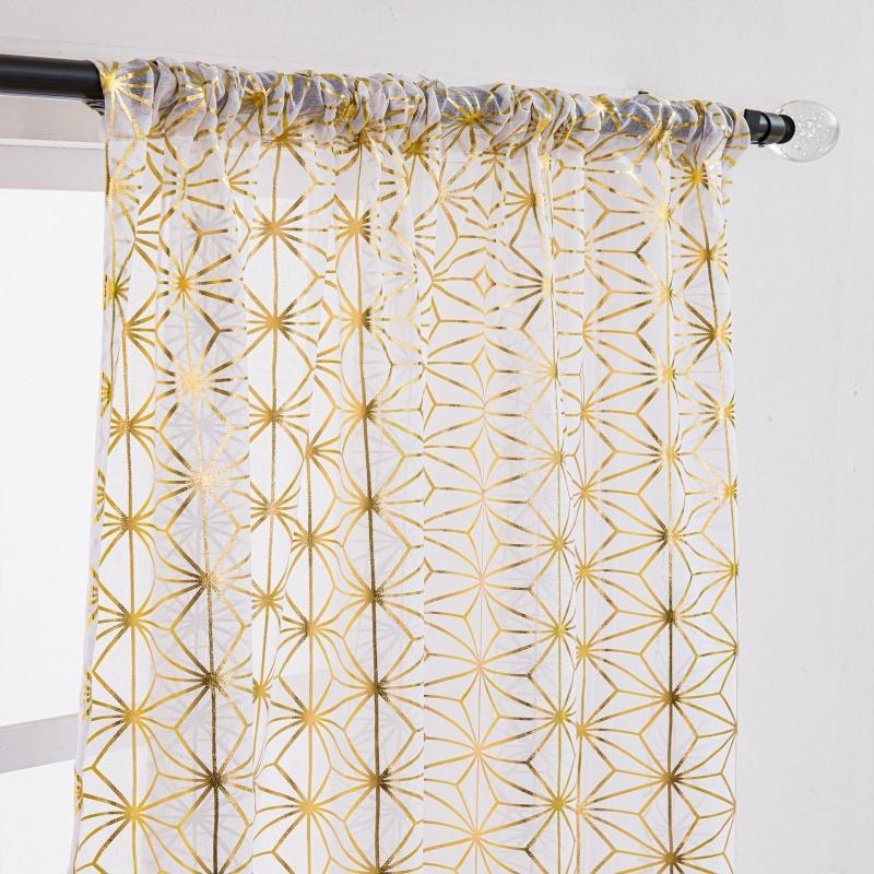 Geometric Gold Foil Sheer Curtains – Set of 2 Panels, Semi-Blackout, Light Filtering Window Curtains