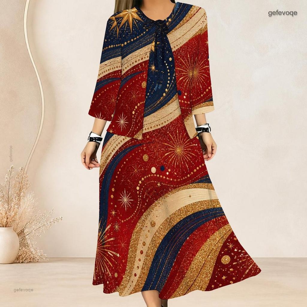 Women Plus Size Two Piece Outfit Three Quarter Sleeve Cardigan Sleeveless Star Stripe Printed White Long Dress