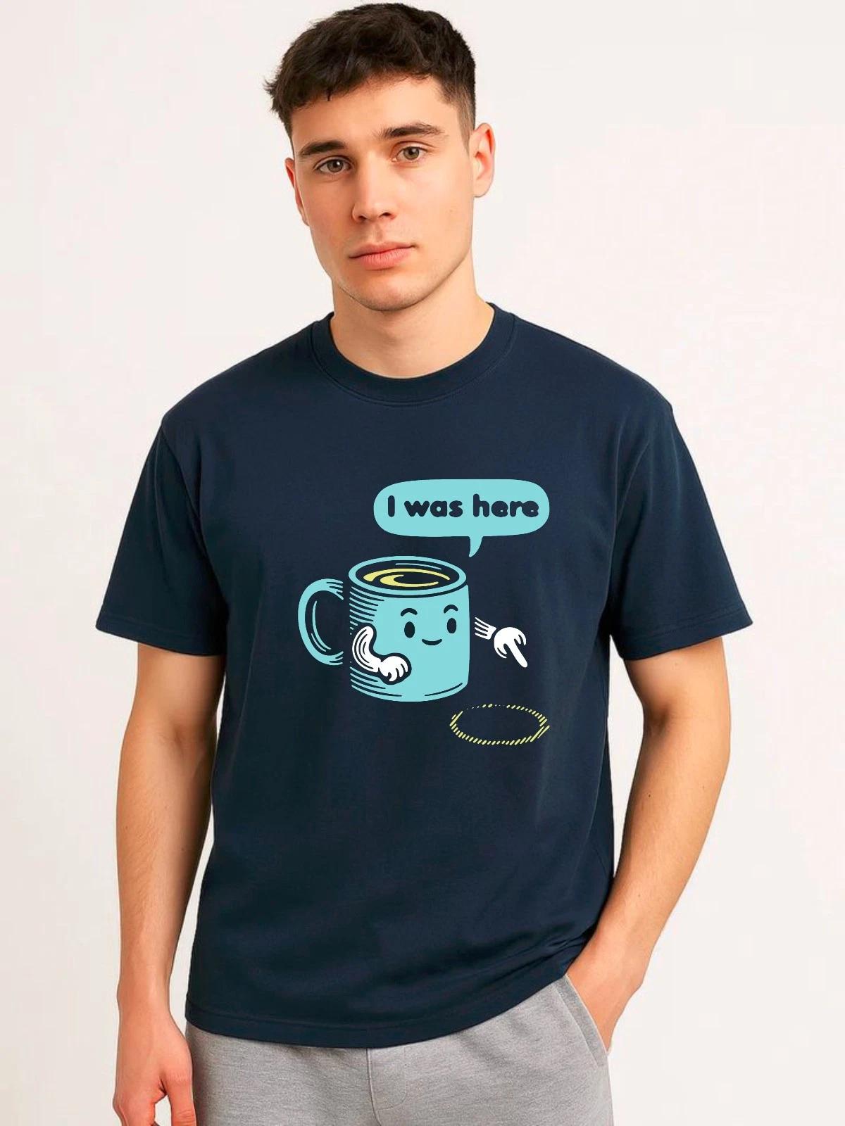 

I Was Here Funny Coffee Cup T-Shirt, Retro Cartoon Coffee Mug Graphic Humor Tee M