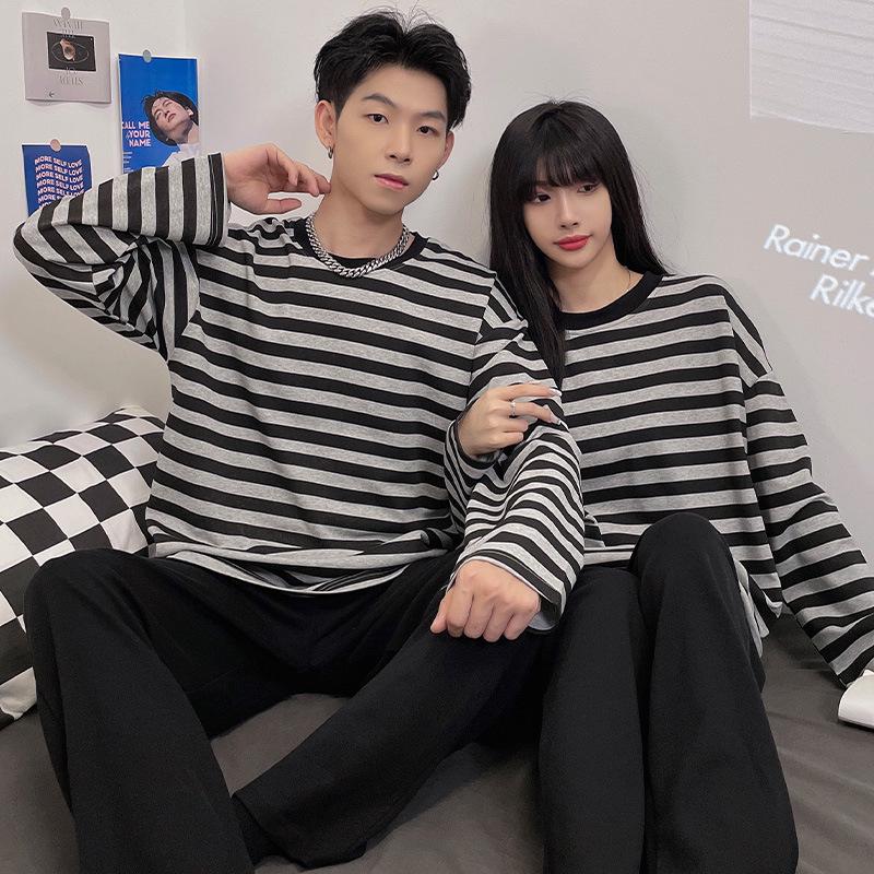 Korean Style Striped Couple Pajama Set: Long Sleeve & Pants, Unisex, Plus Size, Spring/Autumn
