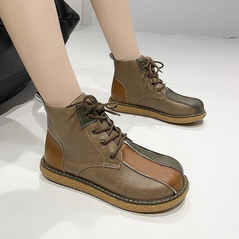 Dámské kotníkové boty Nové 2024 Retro kožené šněrovací dámské boty Vintage podzimní ležérní ploché krátké boty Botas De Mujer