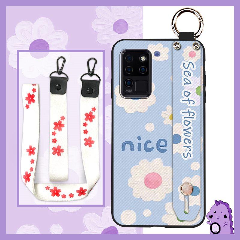 Waterproof Durable Phone Case For Oukitel C21 Wristband Wrist Strap Shockproof Silicone Kickstand Protective Ring Flower
