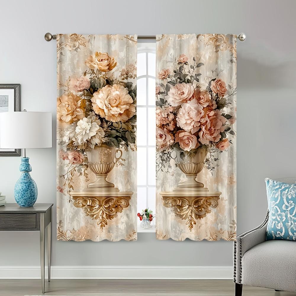 2Pcs Elegant Floral Bouquet Print Polyester Curtains With Rod Pocket – Perfect For Living Room, Bedroom, Office & Kitchen Decor