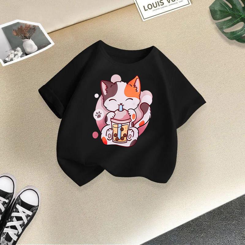 Children T-shirt Cute Cat Printed Kids 100% Cotton Clothes Tops 2-13Y Loose-fit Casual  O-Neck Short-sleeve T-shirt