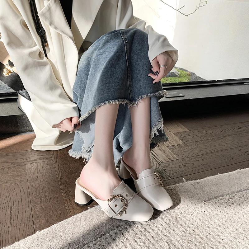 Fashion 2025Large Size Sandals Women's Head Thick Heels Spring and Summer New Wear Fashion Baotou Belt Buckle Muller Half Sandals