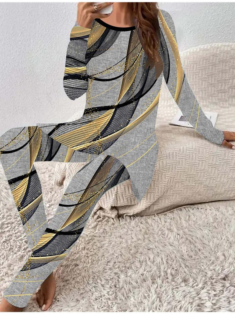 Euroamerikanische Mode 3D Geometrie Gedrucktes Damen Vier-Jahreszeiten Langarm T-Shirt + Lange Hose Zweiteiliges Set. Perfektes Geschenk für Neujahr & Weihnachten