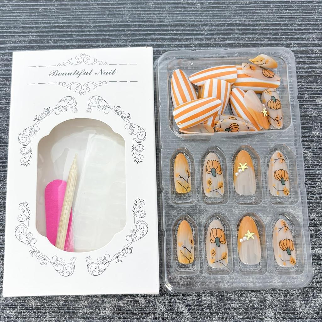 30Pcs Fall Orange Press On Nails Medium Almond Acrylic Fake Nails Polish Painting Autumn Thanksgiving Maple Leaf Pumpkin Glue On Nails Orange French