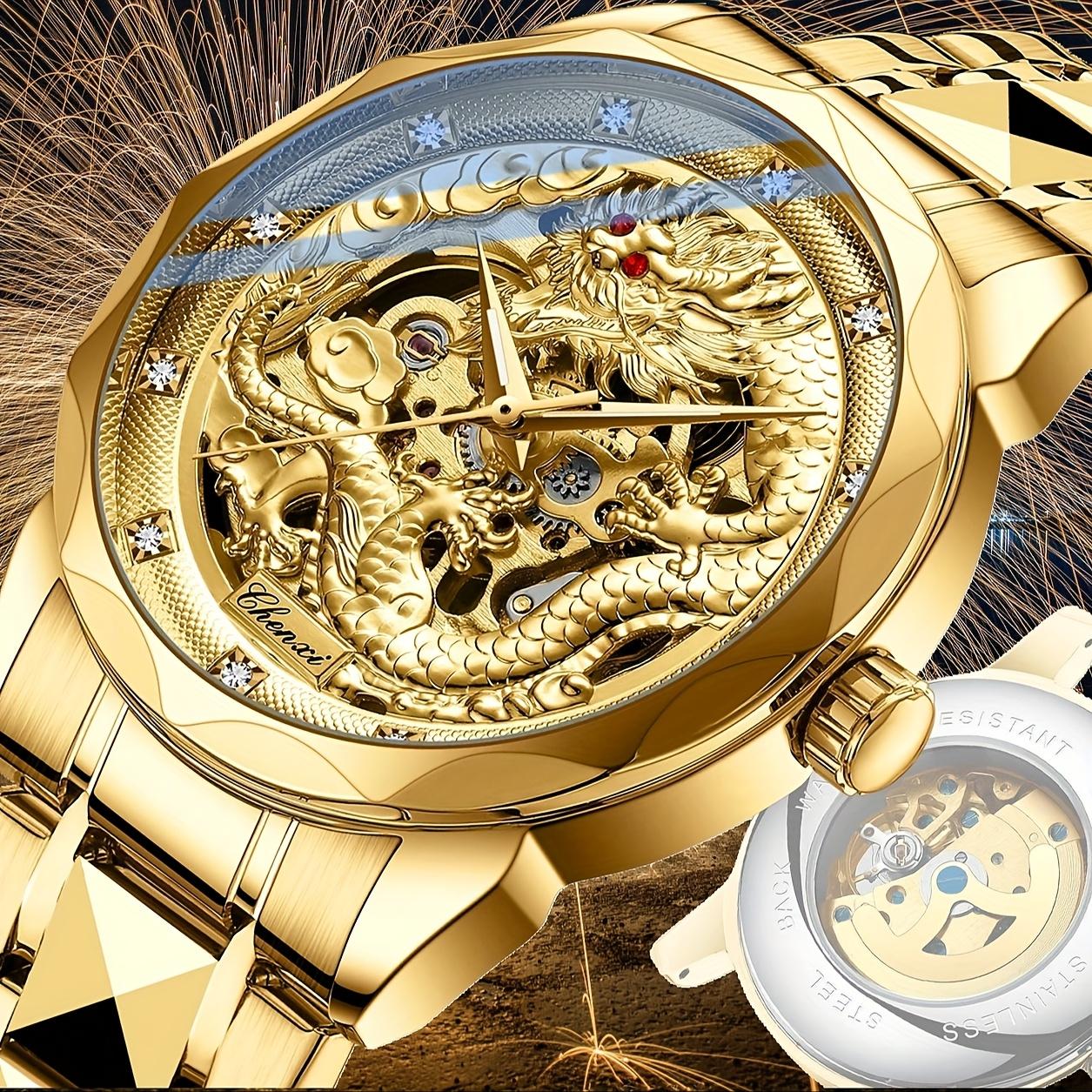 

Loong Soaring Men s Self-Winding Mechanical Watch – Chinese Dragon Skeleton, Luminous Luxury коричневий