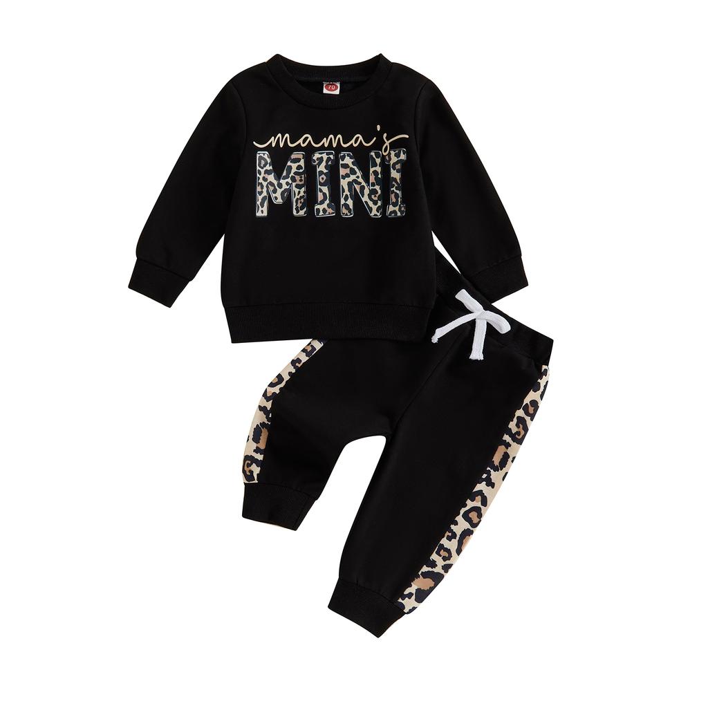 Toddler Girl Fall Clothes Letter Leopard Print Long Sleeve Pullover Strap Pants 2 Pcs Outfit