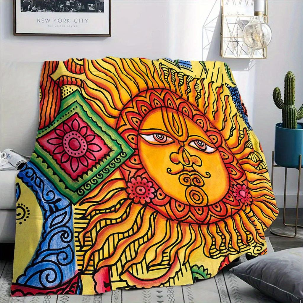 Sun and Moon Totem Digitalprinted Polyester Bedroom Velvet Flannel Cover Blanket Fleece Soft Sofa Cover Blankets for Beds