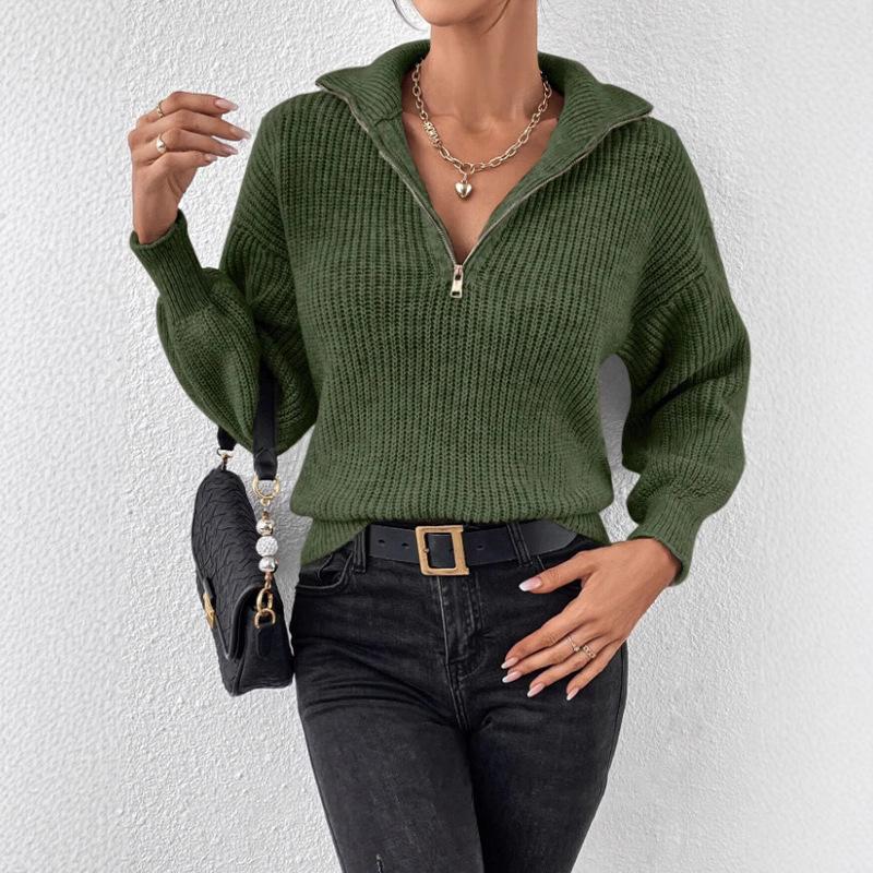 Harajuku Jednobarevný Svetr na Zip s Polo Límcem Podzim Zima Ležérní Volné Pletené Svetry Topy Dámský Zesílený Spodní Pulovr