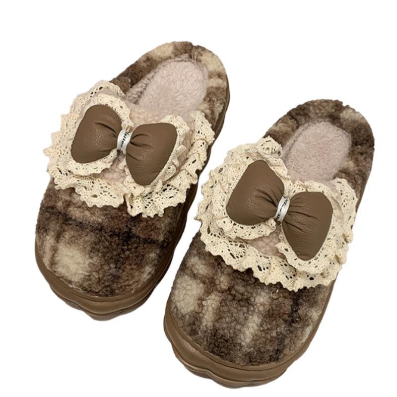 Women's Cotton Slippers Autumn/Winter 2025: Korean Style with Lace Bow, Thick Non-Slip Sole, Warm for Indoor Use.