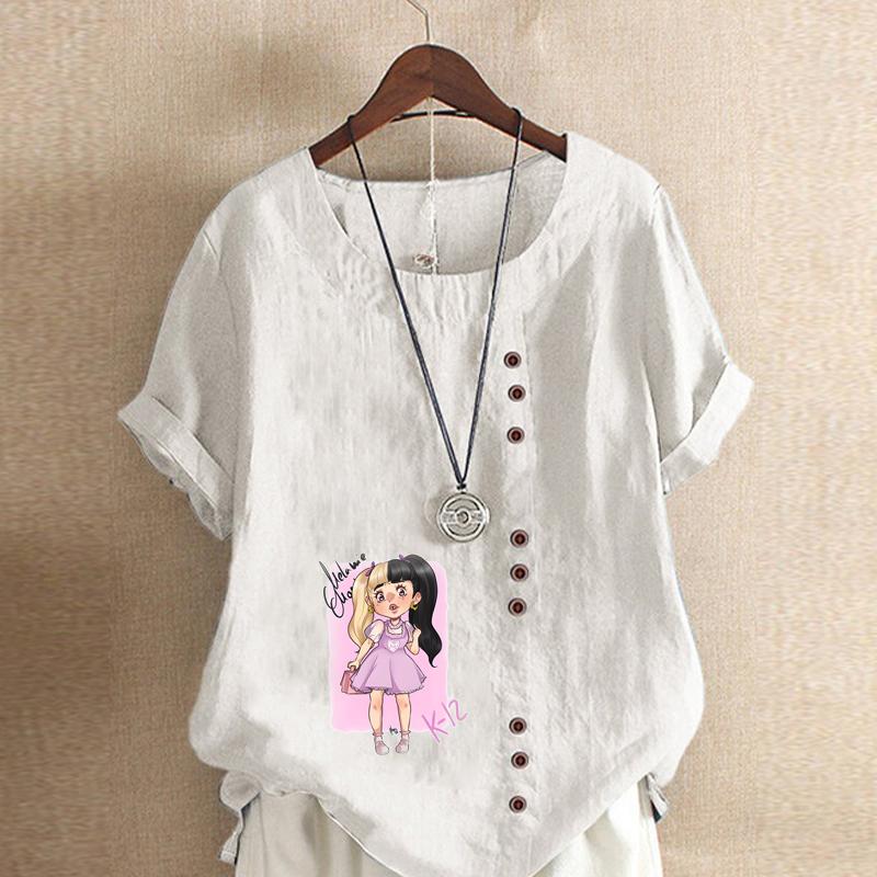 Women's Fashion Girl Prined Short Sleeve T-shirt Loose Cotton Shirt Casual Loose Summer Blouse Tops Plus Size