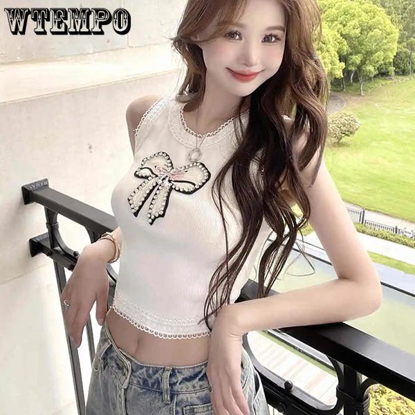 WTEMPO Elegante bestickte Schleife Strass Tanktops Damen Frühling Sommer Übergröße Schwarz Weiß Ärmellose Tops