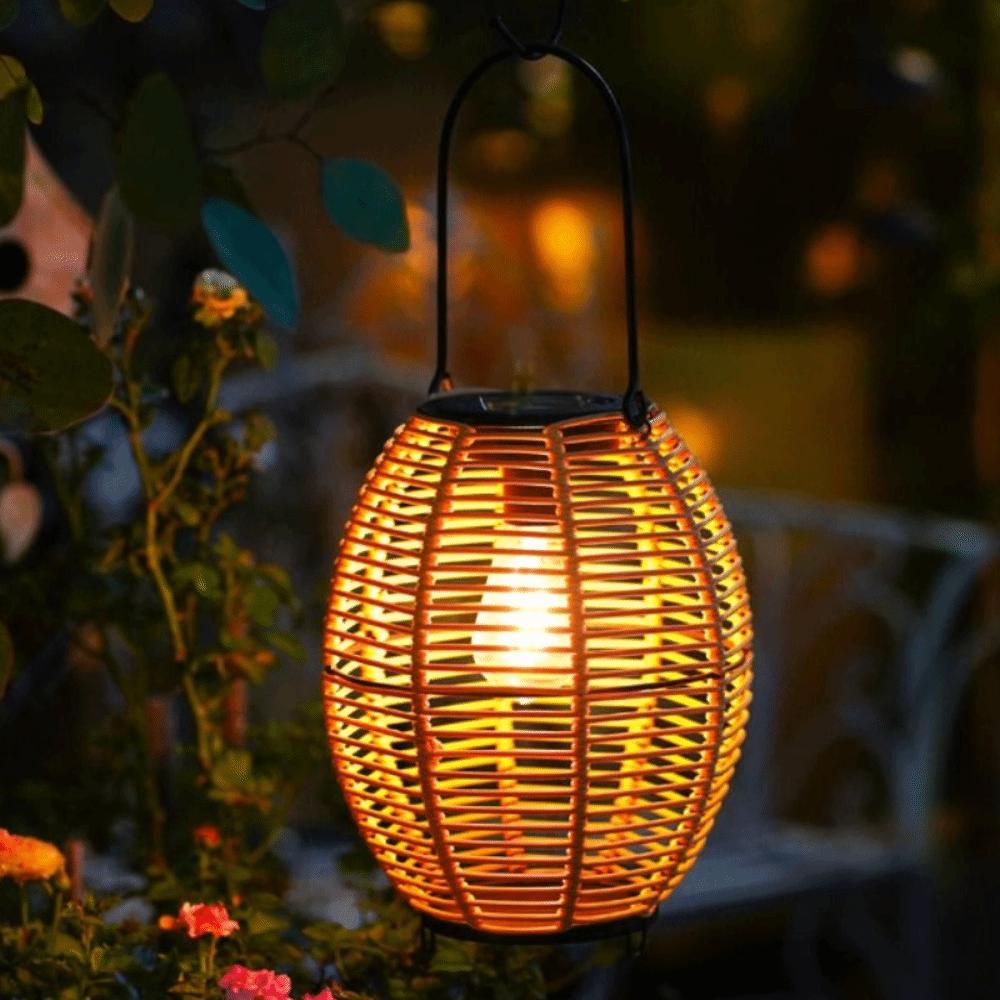 Waterproof Solar  Imitation  Lantern with Handle Weave Wind Lamp Yard Lantern  Outdoor