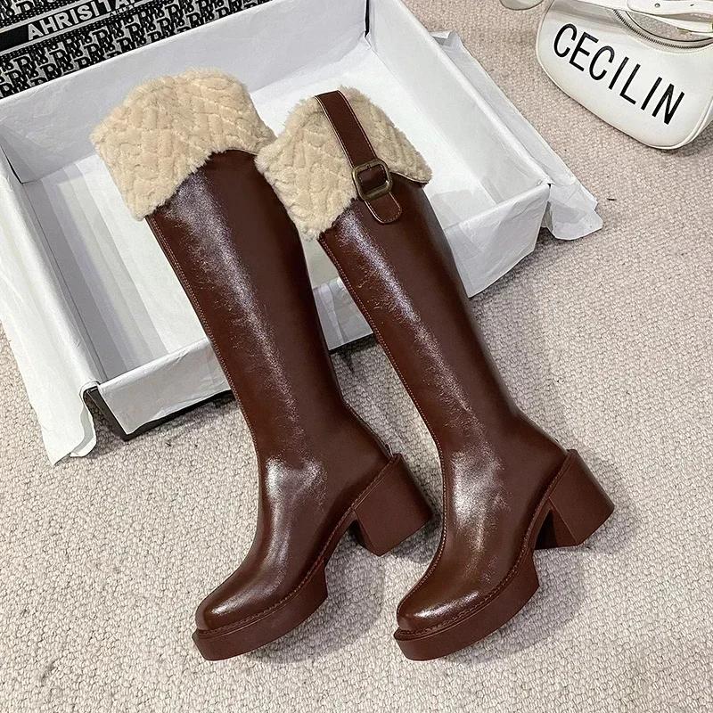 Fashion Winter Knee High Brown Long Boots Comfort Square Heel Zip Belt Buckle Platform Boots for Women Plush Edge Warm Gothic Shoes