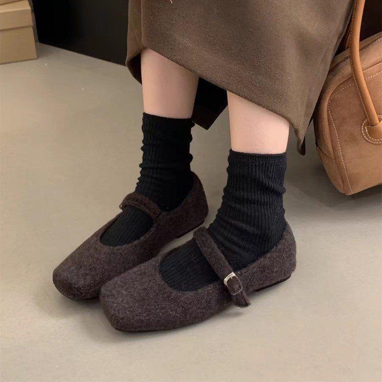 Cotton Shoes Flat-Soled Single Shoes Mary Jane Fluffy Shoes Women'S New Models Wear Late Autumn And Winter French Feeling Late Velvet