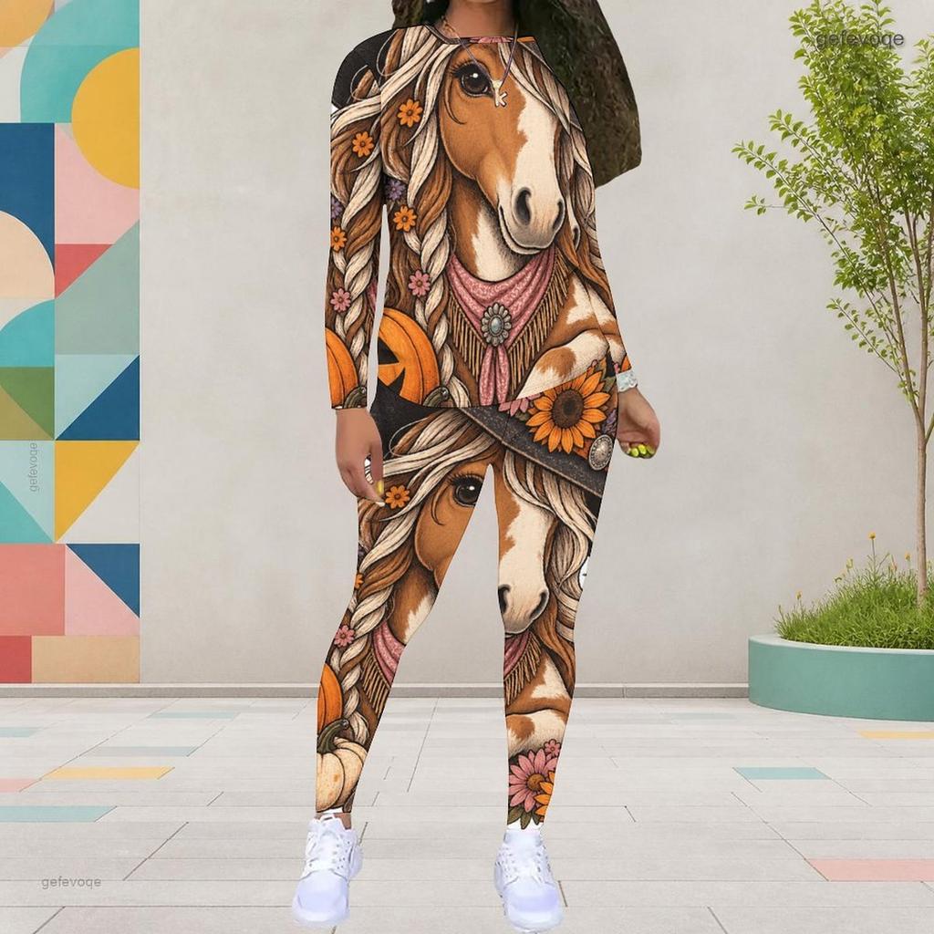 Women Plus Size Round Neck Long Sleeve Skeleton Printed Top Fitted Pants Two Piece Set
