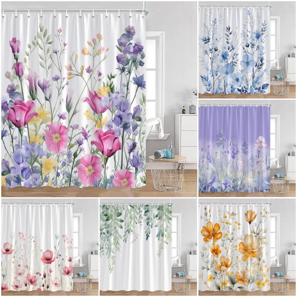 Watercolor Flowers Floral Shower Curtains Butterfly Greenery Plants Nature Home Decor For Bathroom Polyester Fabric Bath Curtain