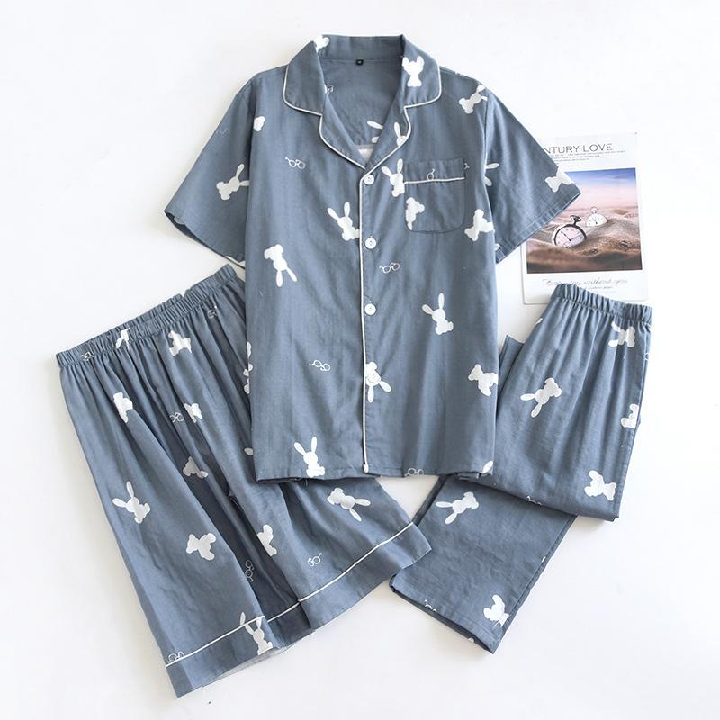 

Летняя новая парная пижама, комплект из трех предметов, короткий рукав + шорты + брюки, 100% хлопковая марля, домашняя одежда для мужчин и женщин L