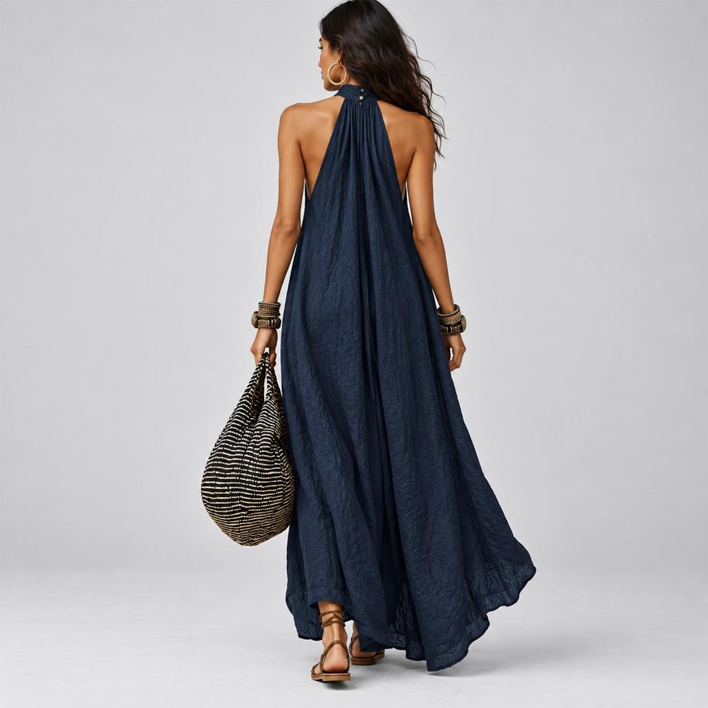 Damen Farb-Hals-Maxikleid für Freizeit