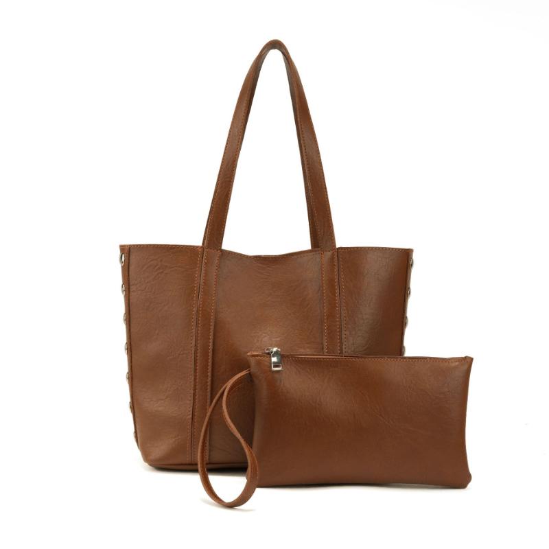 

Vintage Studded Brown Tote Bag, Women s Casual And Simple Large-capacity Handbag, 2in1 Commuter Shoulder Bag With Small Pouch коричневий