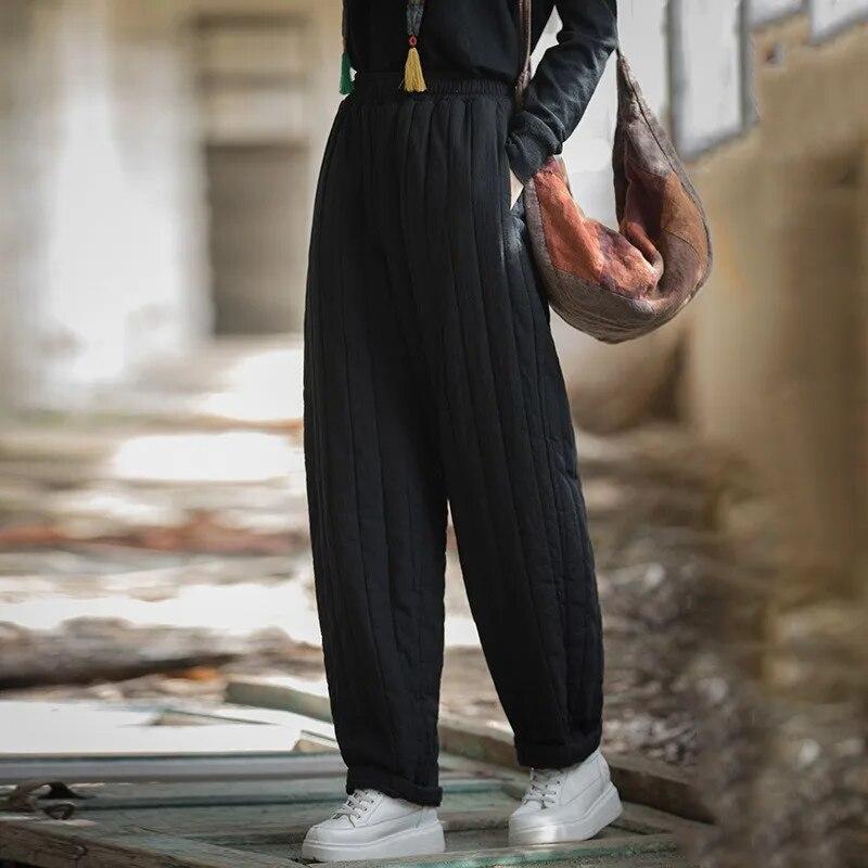 

Зимние брюки нового стиля, ретро полоски, тонкие, на все случаи жизни, стеганые повседневные брюки, хлопок и лен, утолщенные теплые хлопковые брюки, женская верхняя одежда 2XL чёрный