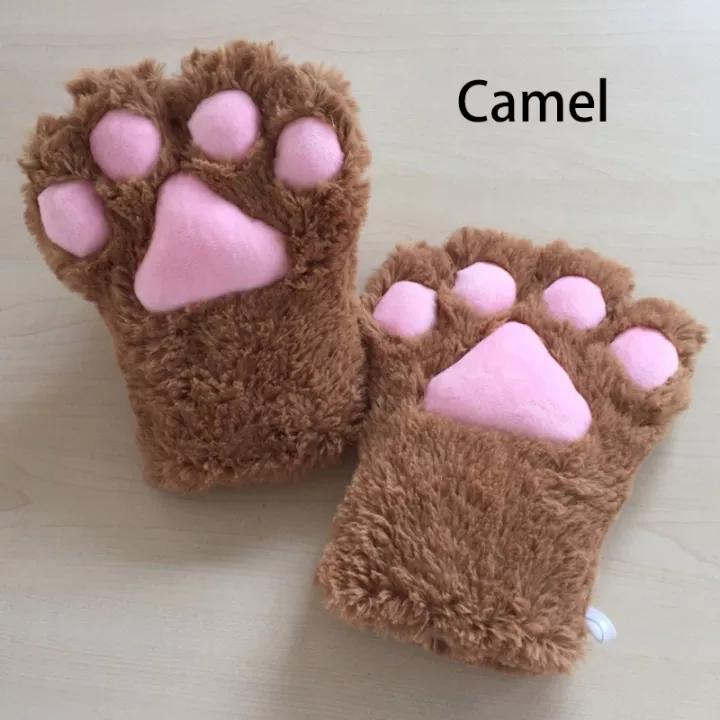 Kawaii Cat Claw Paw Plush Gloves Women Winter Warm Short Fingerless Gloves Fluffy Bear Cat Mittens Costume Half Finger Mittens