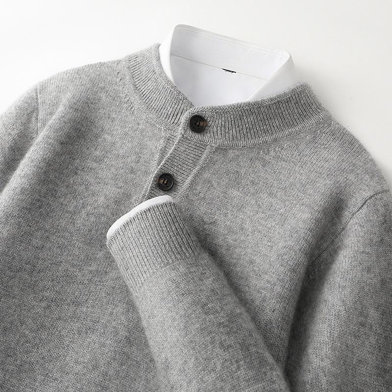 Men's High-End Business Casual 100% Pure Wool Thickened Round Neck Sweater with Buttons - Autumn/Winter Knitwear