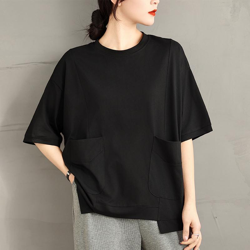 DIMANAF 2025 Summer T-Shirt Plus Size Women Casual Pockets Solid Short Sleeve Loose Tops