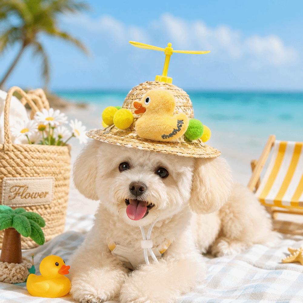 Cartoon Woven Dog Cat Straw Hat Lightweight Breathable Pet Sombrero Hat Adjustable Funny Bamboo Dragonfly Hat Summer Use