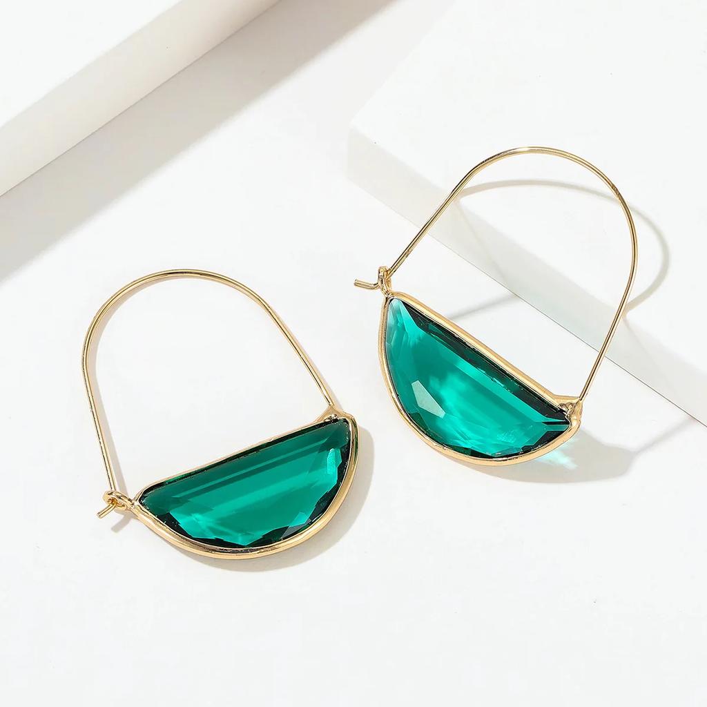 Vintage Semi Circle Boho Earrings Womens Ancient Gold Plated Metal Geometry Green Crystal Glass Dangle Earrings