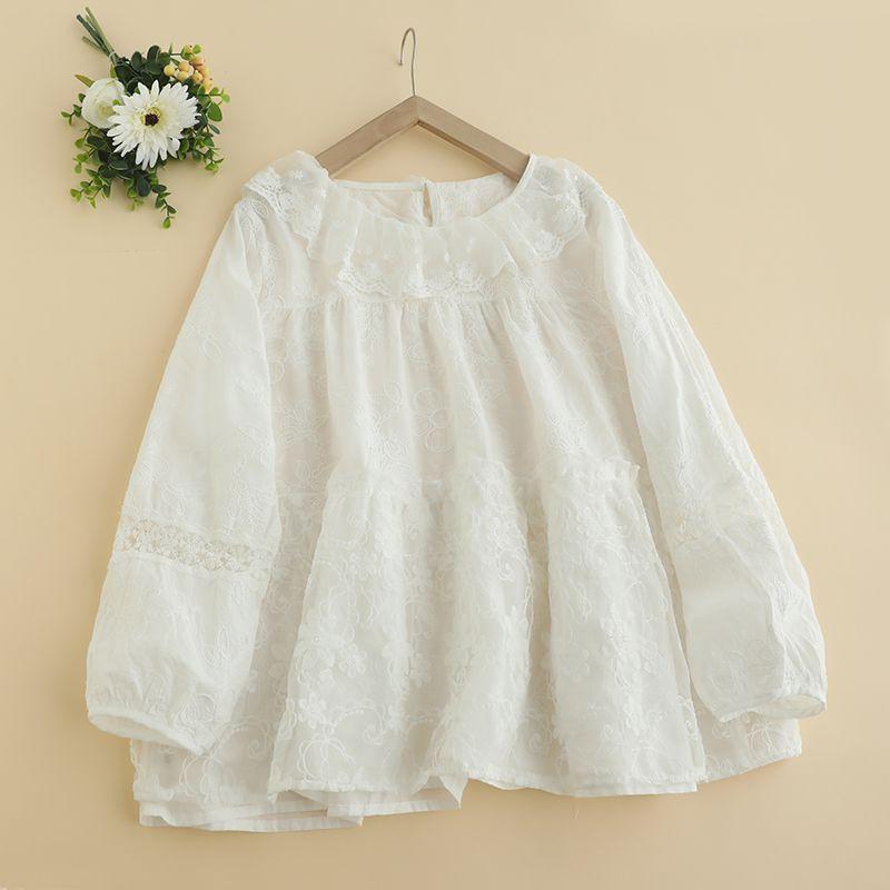 

New Arrival Lace Lace Patchwork Long Sleeve Blouse Women s Loose Sweet Solid Color Embroidered Lotus Leaf Lace Collar Shirt Fashion White One size