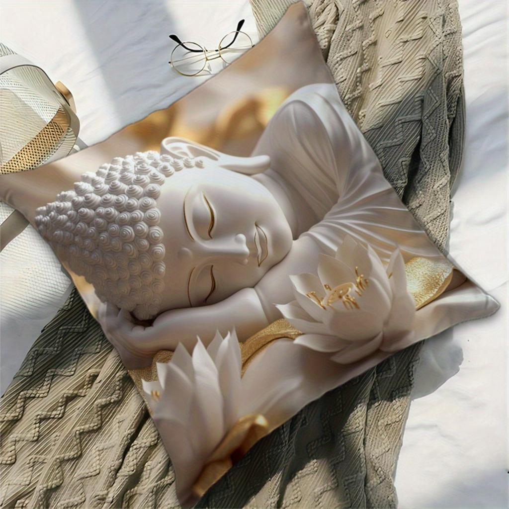 Buddha And For Lotus Print Pillowcase, Soft And Smooth-Touch Polyester Short Plush Fabric, Single-Sided Printed Pattern,