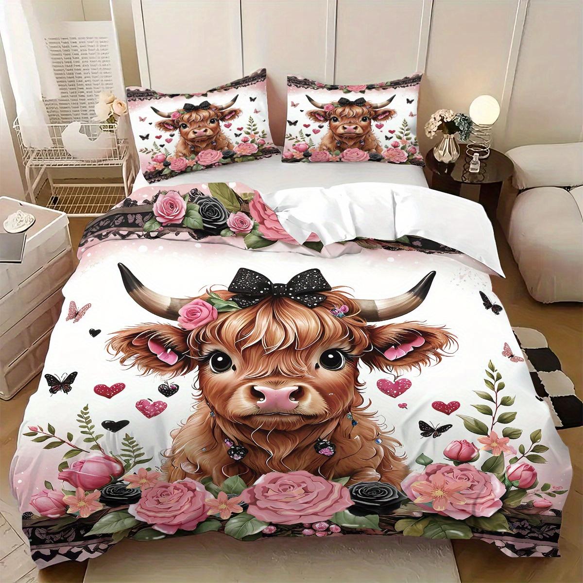 3pcs Pink Lace Highland Cow Print Quilt Cover Set Soft, Comfortable and Warm 1 Quilt Cover+2 Pillowcases Without Quilt Core Pillow Core Suit 155x200cm